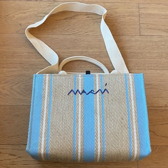 Marni Striped Raffia Tote Beige Blue Woven Crossbody Summer Bag Designer Tote - Picture 1 of 8